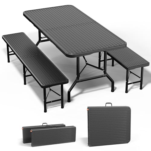 JUMMICO Table de Jardin Pliante 3 Pièces (2 Bancs Pliables + 1 Table Pliante). Aspect Rotin, Robuste et Durable : Chaque Banc Supporte 300 kg. Accueille 4-6 Personnes....