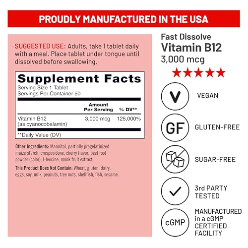 NatureWise Vitamin B12 3000 mcg Sublingual Tablets - Fast Dissolve B12 for Energy & Metabolism Support - Cherry Flavor - Vegan, Non-GMO, Gluten Free, USA Manufactured - [50 Tablets - 50-Day Supply] - image 5