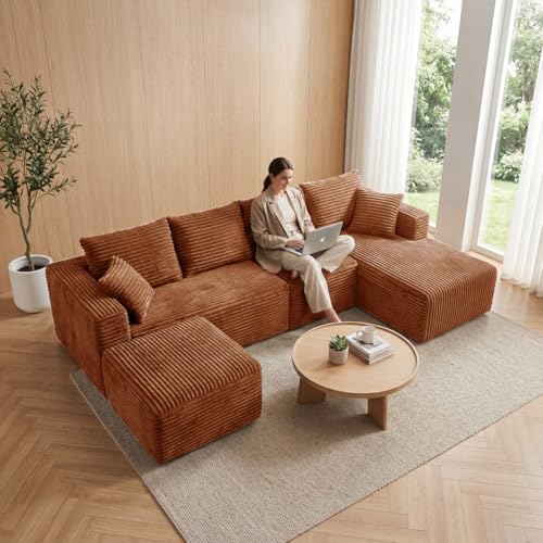 Image of 118 inch Modular Sectional Sofa with Chaise and Ottoman, Oversized U-Shaped Corduroy Cloud Couch, Deep Seat Boneless Couch for Living Room, No-Assembly - Brown (Right Facing Chaise)