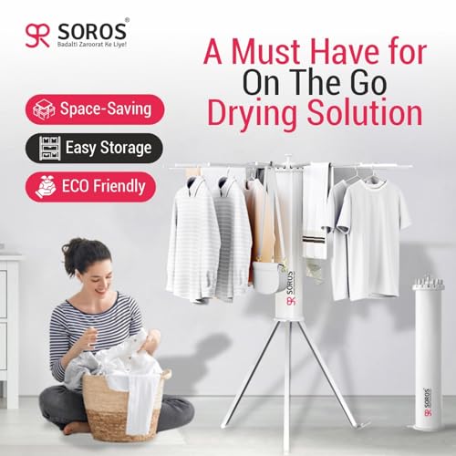Image of SOROS Foldable Clothes Dryer Stand Racks for Drying - Multi Way Folding & Rotatable - Lightweight Heavy Duty Aluminium Rails - (White, 3.9 Feet Length, 16 Rods, Large)