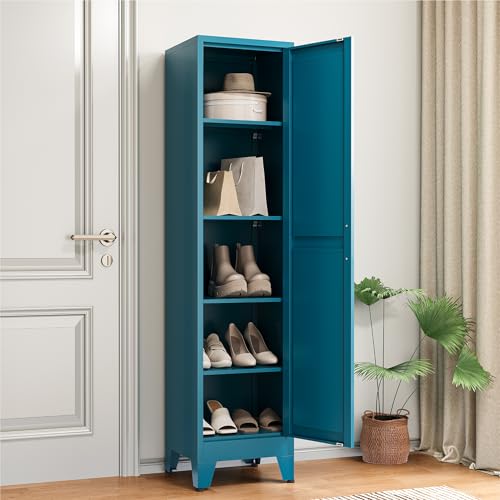 Image of COFaR 67 inch Metal Narrow Storage Cabinet, Peacock Blue Slim Storage Cabinet with Magnetic Door & 4 Adjustable Shelves, Slim Freestanding Cupboard for Bathroom, Kitchen