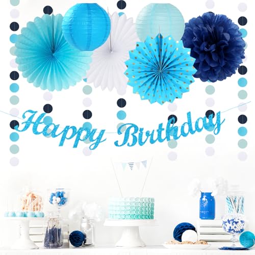 Image of Light-Royal Blue White Birthday Party-decorations - 21pcs Boys Men Ocean Happy Banner,Navy Dusty Paper Streamers Lanterns Honeycomb,tissue Pom Poms Fan,Nautical Adult Garland Supplies Decor Huglony