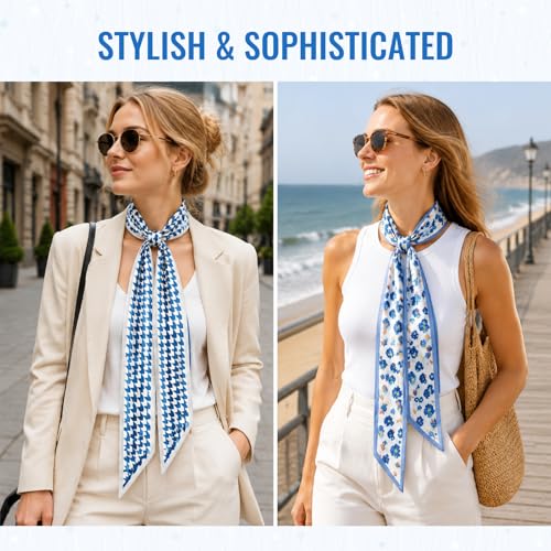 Rimotedeso Halstuch, foulard polyester pour femmes, ensemble de 6 avec effet soie, élégant et classique avec rayures et fleurs, pour cheveux, sacs et cou, bleu multicolore – vue 6