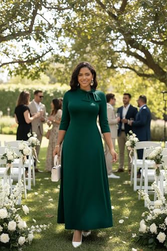 Image of FANDEE Maxi Dress for Women Long Elegant 3 /4 Sleeve Bow Tie Neck A Line Casual Party Church Dresses with Pockets