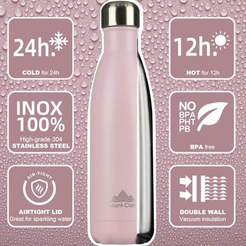 Image of Mont-Clair Stainless Steel Water Bottle, Vacuum insulated - BPA Free, 12h Hot & 24h Cold Drinks, Metal Water Bottle 34 oz Leakproof, Ideal for Adult, Kids, Running - Pink