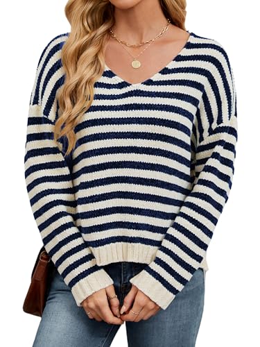 Image of V Neck Sweaters for Women Striped Oversized Pullover Sweaters Drop-Shoulder Side Slit Loose Knit Jumper Tops