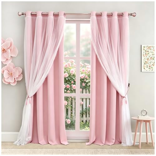 Image of Pink Double Layer Curtains 90 Inch Length- Baby Pink Blackout Curtains with White Sheer Voile for Bedroom, Living Room and Nursery, Girl's Blocking Curtains, 52 x 90 inch