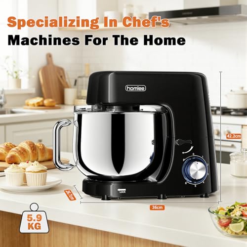 Batidora Amasadora Homlee,2000W Amasadora de Pan, 7.2L Robot de Cocina Batidora Multifunción,Bajo Ruido Amasadora Reposteria Varillas y Protección Para Salpicaduras 6 Velocidades(Negro) - imagen 7