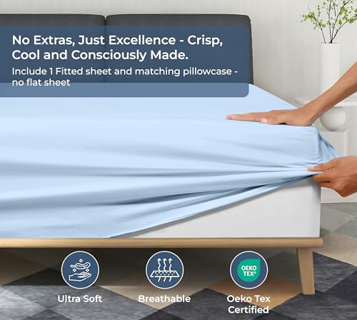 Image of Royale Linens Fitted Sheet With Pillowcases - King Fitted Sheets With 2 Pillowcases - 300 Thread Count 100% Organic Cotton - Fit Mattress Up to 18 inch Deep - Soft & Breathable - Lake Blue (No Flat Sheet)
