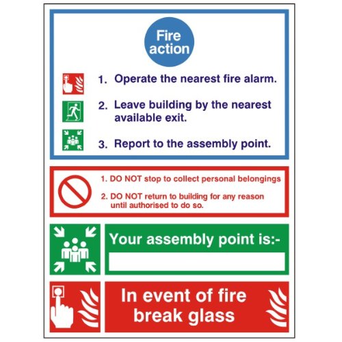 Fire Action Sign 'Alarm, Nearest Exit, Assembly point, break glass' Sign 200x300 Self Adhesive