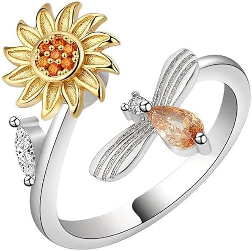 Anillos de plata para ansiedad, anillo giratorio giratorio de circonita cúbica ajustable con diseño de girasol You are My Sunshine, anillo giratorio