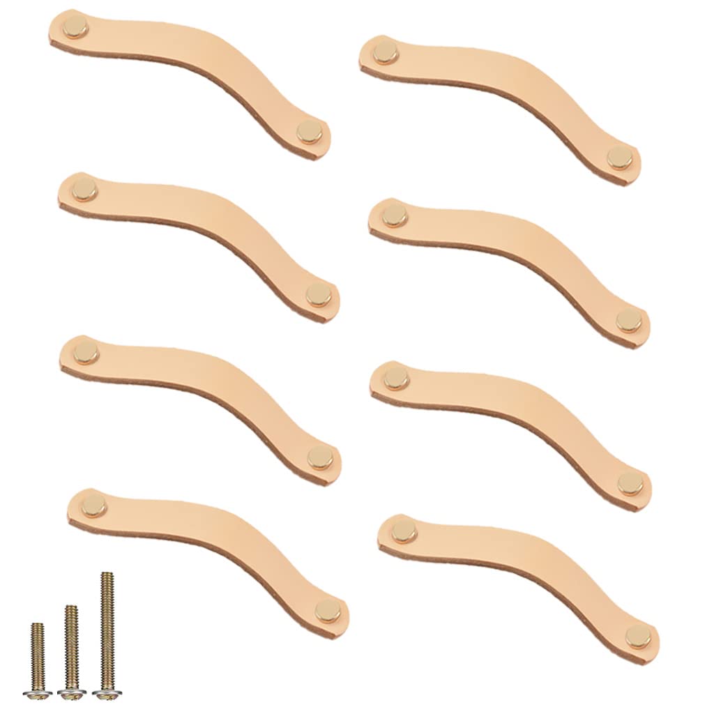 yusheng 8 Pack Soft Genuine Leather Drawer Pulls Handle,Wardrobe Cabinets Kitchen Closet Knobs Door Pulls Handles knobs with Screws,Home Decoration, Handmade (5.6" / 141mm, Flesh-Colored)