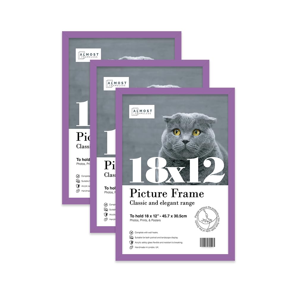 Almost Frameless 18x12 Purple Picture Frame Set of 3, Display 18x12 Picture Gallery Wall, Poster, Photo, Artwork, or Print, Yellow