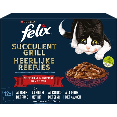 Felix Grill pour Chat Adulte Succulent au Bœuf/Poulet/Canard/Dinde en Sauce, Les 72 Pochons, 12 x 80g (Lot de 6)