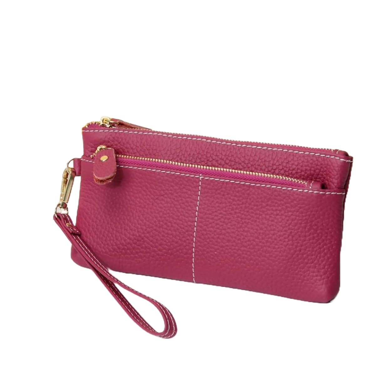AurexaFashion Women Genuine Real Leather Wristlet Wallet Clutch. 3 Zipped Pockets, 6 Credit Card Slots Case Coin Purse (Fuchsia)