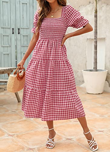 Image of ZESICA Women's 2026 Boho Summer Dresses Gingham Puff Sleeve Square Neck Flowy Beach Midi Dress