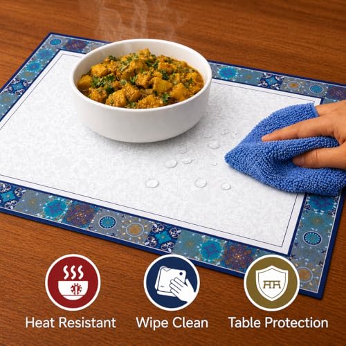 Image of Premium Leather Dining (Pack of 2) Placemats - Waterproof, Heat Resistant, Non-Slip Table Mats for Kitchen & Dining (Riviera Blue)