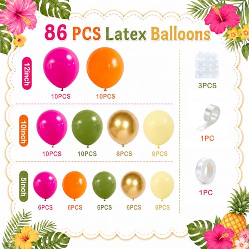 Image of Tropical Hawaiian Balloons Arch Garland Kit, Olive Green Hot Pink Orange Yellow Metallic Gold Balloons for Kids Hawaii Summer Beach Luau Aloha Pool Birthday Flamingo Theme Baby Shower Party Decoration