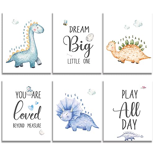 SUUURA-OO Dream Big Cute Baby Dinosaur Watercolor Art Print - Set of 6 (8'X10') Dinosaur Inspirational Decor - Living Room Bedroom Home Decor - Nursery Art Poster, Unframed