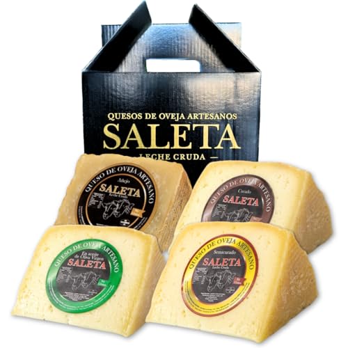 Amaisso® Cesta Quesos Gourmet Regalo | Queso Oveja de La Mancha | 4 Cuñas Queso Curado, Semicurado, Añejo y en Aceite de Oliva Virgen Extra | Surtido de quesos 'Pack Más Premiados 1Kg' SALETA