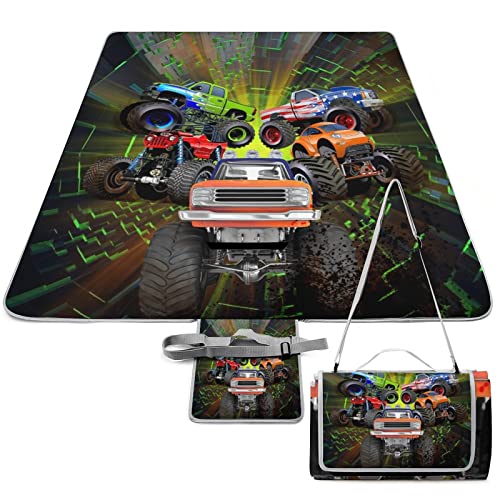 Kazynee Cool Cartoon Monster Outdoor Picnic Blanket Truck Kids Boys Shabby Monster Trucks Print for The Beach Camping on Grass Waterproof Sandproof 58.3x58.3 Inch