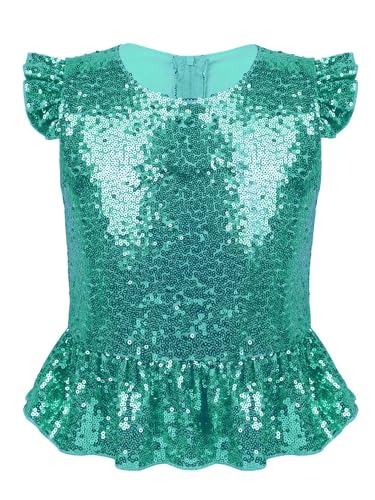 Kids Girls Sparkle Sequins Tee Shirt Top Ruffle Sleeves Princess Peplum Tops Mermaid Birthday Dress up