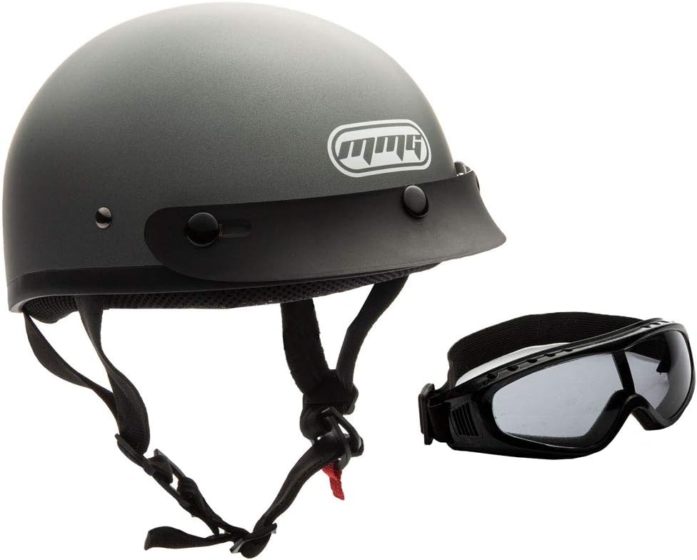 Half Open Face Helmet Motorcycle Cruiser Classic DOT - Goggles Included. (Matte Gray, L)