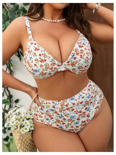 SOLY HUX Women's Plus Size Swimsuit Floral Print V Neck High Waisted Bikini Set Two Piece Bathing Suit3