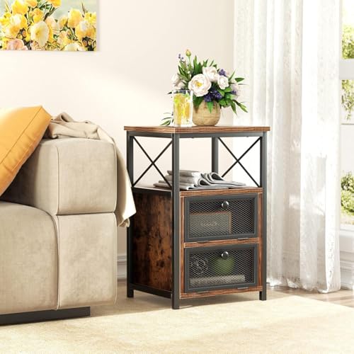 Image of VECELO Nightstand Set of 1, End Table with Flip Drawer, Modern Night Stand for Bedroom,Living Room, Office, Easy Assembly, Vintage Brown