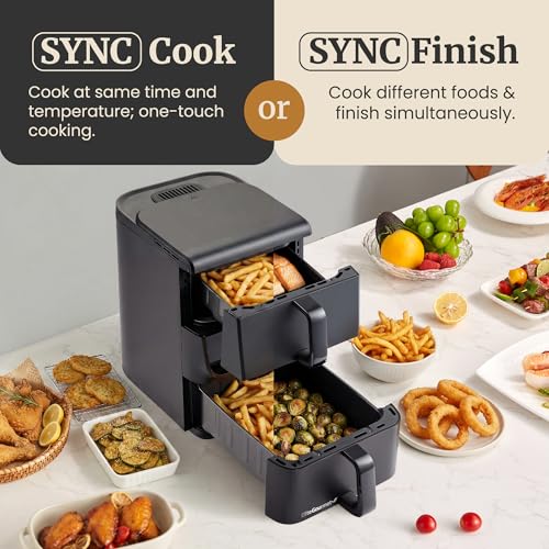 Image of Elite Gourmet EAF6535 Dual Stacked Air Fryer, 10.5Qt, 1700W, Black | Family Size - PFAS-Free Dishwasher-Safe Nonstick Baskets - Sync Cook & Finish - 10 Presets
