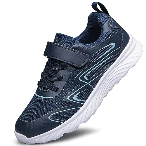 LOUSST Boys Trainers Girls Tennis Shoes Running Walking Shoes School Gym Sports Trainers Breathable Lightweight Sneakers Navy Blue Big Kid Size 4