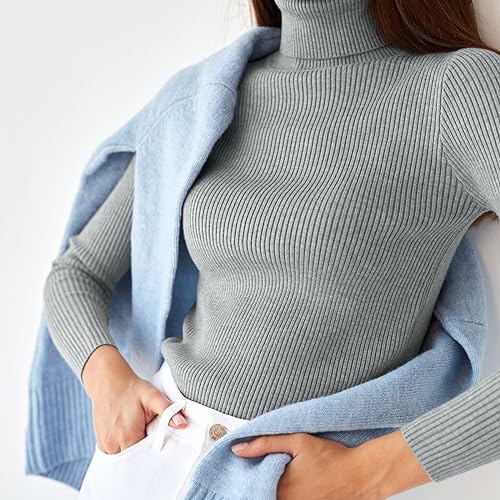 Image of TICIFEN Women Turtleneck Knit Sweaters Basic Casual Long Sleeve Shirts Slim Fit Thermal Underwear Tops Soft Rib Sweater Tee
