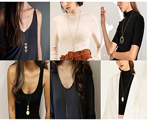 Fesciory 6 PCS Long Pendant Necklace for Women, Gold Bar Circle Leaf Triangle Tassel Y Necklace Set2