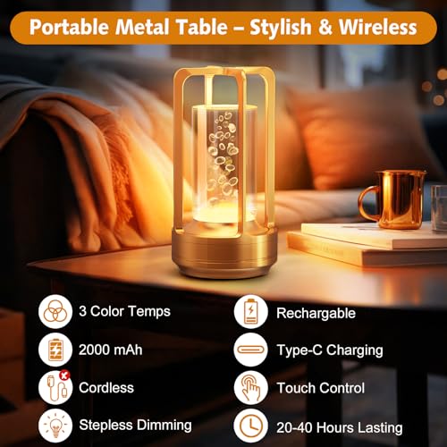 Image of Portable Table Lamp for Outdoor Indoor: Cordless Rechargeable Desk Lamp with 3 Color Stepless Dimmable - Metal Battery Operated Lantern Light for Bedroom /Bar /Coffee Shop /Camping (Gold (Bubble))