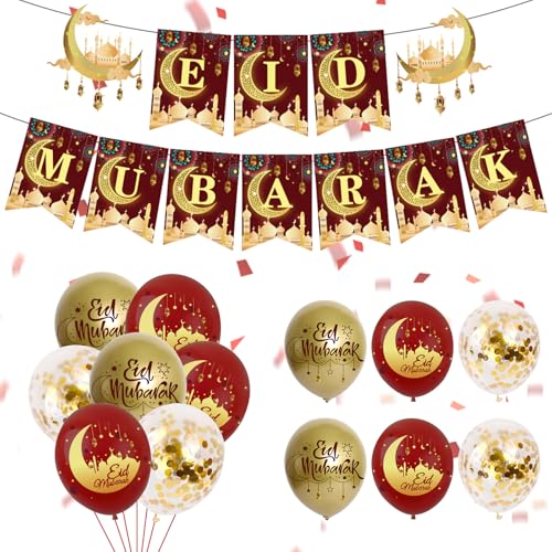 Eid Decorations for Home Set Red Gold EidMubarak Banner Bunting &12 Pcs EidMubarak Decoration Balloons Eid Mubarak Decorations Ramadan Kareem Party Decor Supplies Ramadan Mubarak Decoration