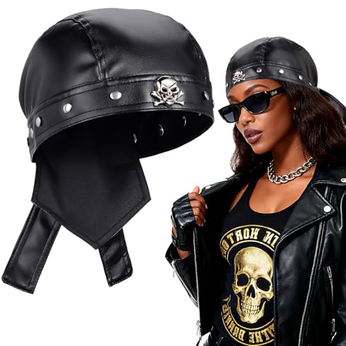 PU Leather Skull Biker Bandana with Metal Studs, Black Unisex Skull Motorcycle Rides Cap for Halloween, Gothic Head Wrap, Skeleton Print Biker Hat for Parties & Fashion Events, Fits 18.11-22.83 in
