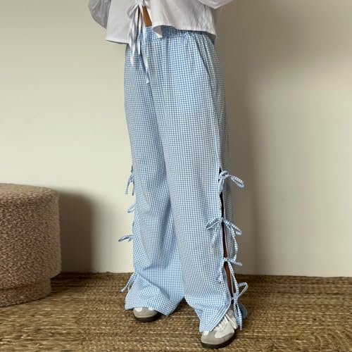 Image of Y2K Gingham Pants for Women Bow Tie Side Slit Wide Leg Lounge Bottom Plaid Checkered Loose Fit Going Out Pants