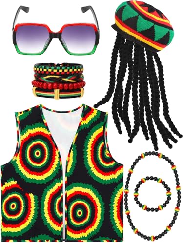 BOARDFEB 6 Pcs Jamaican Costume Accessories Set Rasta Hat with Black Dreadlock Wig Jamaican Vests Sunglasses Necklace Bracelet for Halloween Cosplay