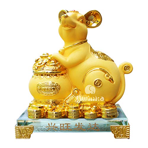 Bwinka 2020 Feng Shui Chinese Zodiac Rat/Mouse Year Golden Resin Collectible Figurines Decoration for Luck & Wealth Perfect for Your Home or Office (Mc-xwfd)