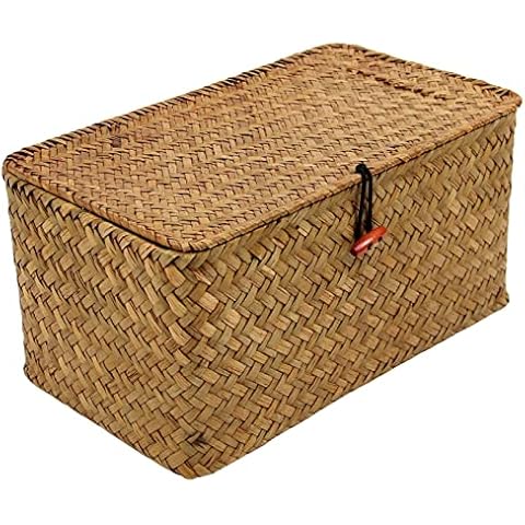 Casaphoria Large Square Sea Grass Baskets for Storage Seaweed Woven Sundries Baskets Sturdy and Durable Natural Material for Make-up with Lid Big Rectangular Seagrass Towel Baskets for Organizing Cover