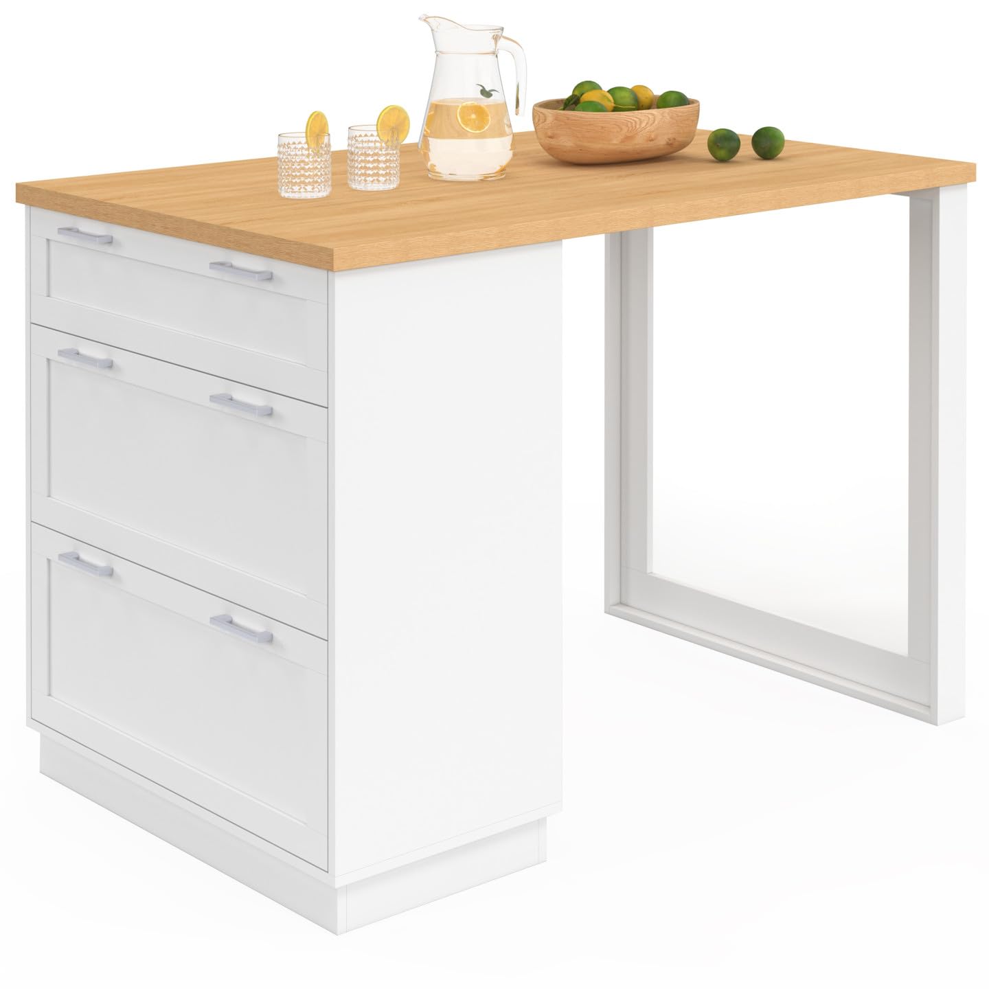 IDMarket - Ilot Central Mange-Debout 4 Personnes VITO 130 cm casserolier 3 tiroirs Blanc et Plateau Bois
