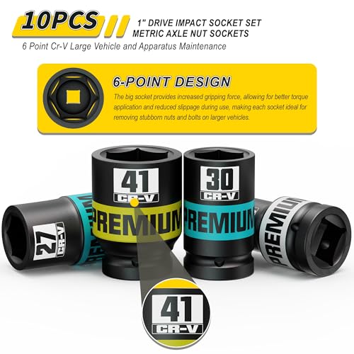 Image of 10 Piece 1 inch Drive Impact Socket Set, Metric Axle Nut Sockets, 21-41mm Thicker Jumbo Sockets, Socket Set, 6 Point, Cr-V, Vehicle and Apparatus Maintenance