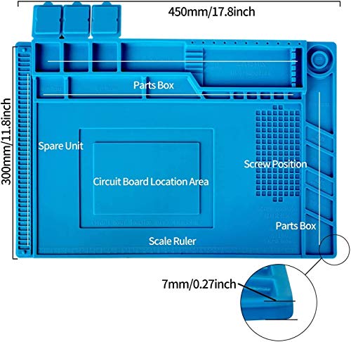 Heat Insulation Silicone Repair Mat with Screwdriver Repair Tool Set and anti-static wrist strap, Tweezer & Scraper for Soldering Iron, Phone and Computer Repair Size:17.7 x 11.8 Inches