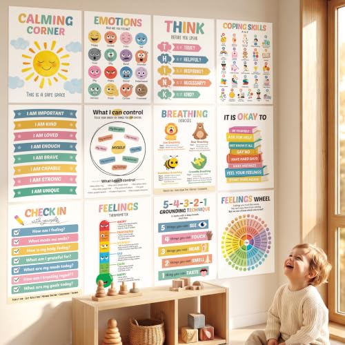 Image of DECOWALL 12 Calming Corner Poster Stickers for Kids - Peel and Stick Emotions, Feelings Wheel, Breathing & Coping Skills Wall Charts for Classroom & Home Decor, Removable (PS12-02)