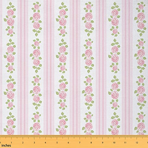 Rose Fabric by The Yard, Floral Pattern Upholstery Fabric, Geometric Strip Lines Material by The Yard, Romantic Valenties Waterproof Fabric for DIY Art Craft Patchwork, Pink, 1 Yard