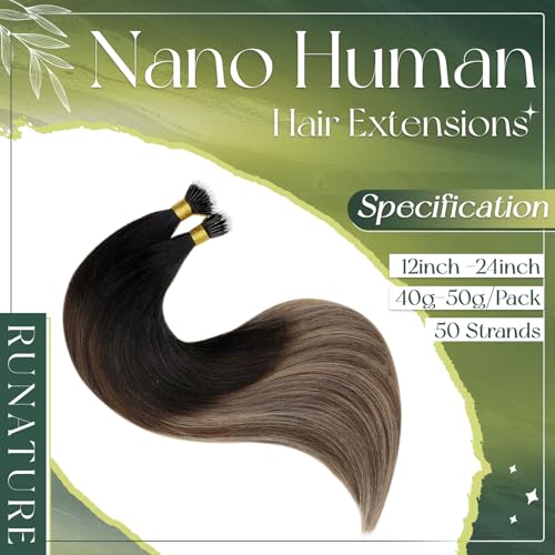 RUNATURE 24 Inch Nano Hair Extensions Real Huamn Hair Black Balayage Brown Nano Beads Hair Extensions Human Hair Invisible Nano Rings Hair 50s/50g #1b/4/27 - Image 2