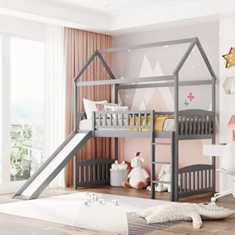 Twin Size Loft Bed with Slide, Wood House Loft Bed with Built-in Ladder and Safety Guardrail, Space Saving House Bed for Teens, Boys, Girls, No Box Spring Needed,for Bedroom Dorm, Gray