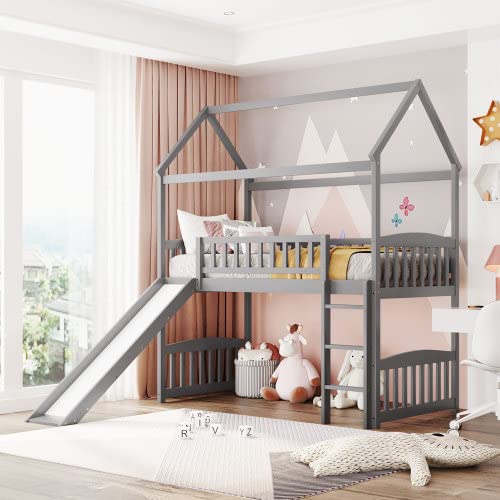 Twin Size Loft Bed with Slide, Wood House Loft Bed with Built-in Ladder and Safety Guardrail, Space Saving House Bed for Teens, Boys, Girls, No Box Spring Needed,for Bedroom Dorm, Gray