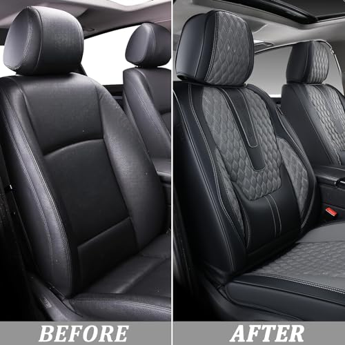 Image of Coverado Leather Seat Covers for Car, Waterproof Front Car Seat Covers with Lumbar Support Universal Fit for Most Sedans SUV Pick-up Truck(Black&Gray)