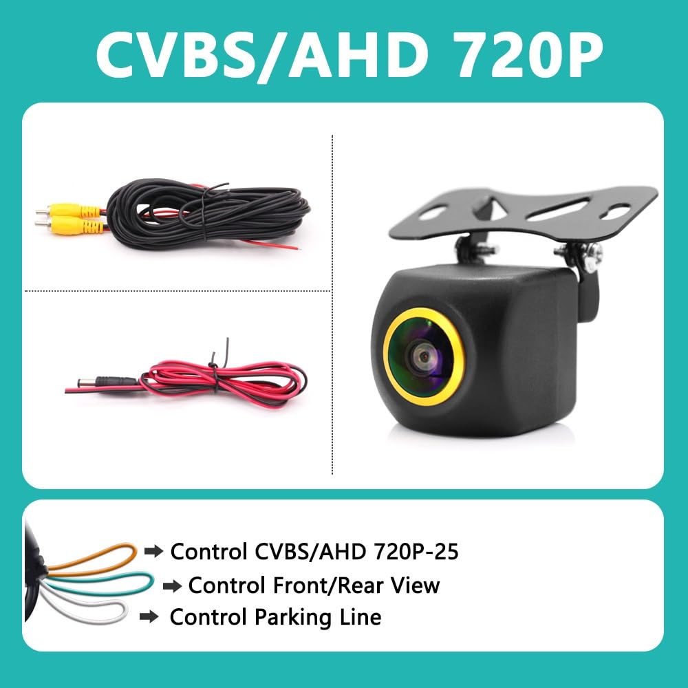 Cámara Trasera Camara Cámara Visión Trasera Coche AHD 1080P 180 Grados con Soporte Ajustable 6 Lentes Cristal Lente Ojo Pez Dorado Visión Nocturna HD Vehículo.(AHD 720P)